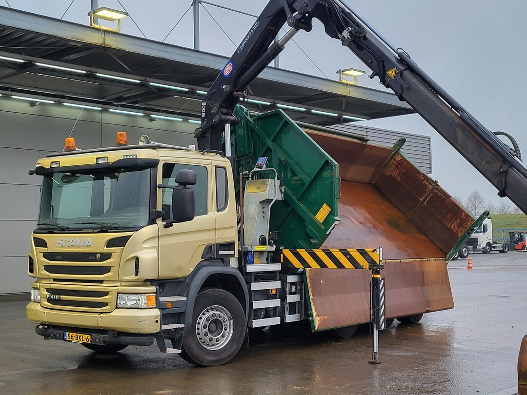 Scania P410 Tipper HMF 1800K3 Crane HSW 2-side tipper Lift+Steering axle – foto 9 – kavel bij BAS World Auctions, Veghel